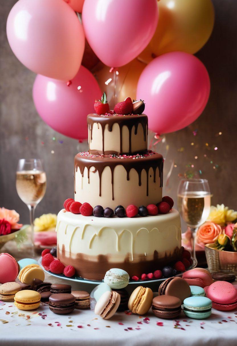 A mouthwatering display of exquisite booty cakes shaped like curvy figures, surrounded by an array of decadent desserts like rich chocolate mousse and colorful macarons. The setting is a beautifully styled table adorned with elegant decorations, soft lighting, and floral arrangements, inviting a sense of celebration and indulgence. Include a playful atmosphere with festive elements like confetti and balloons, evoking joy and festivity. super-realistic. vibrant colors. elegant background.