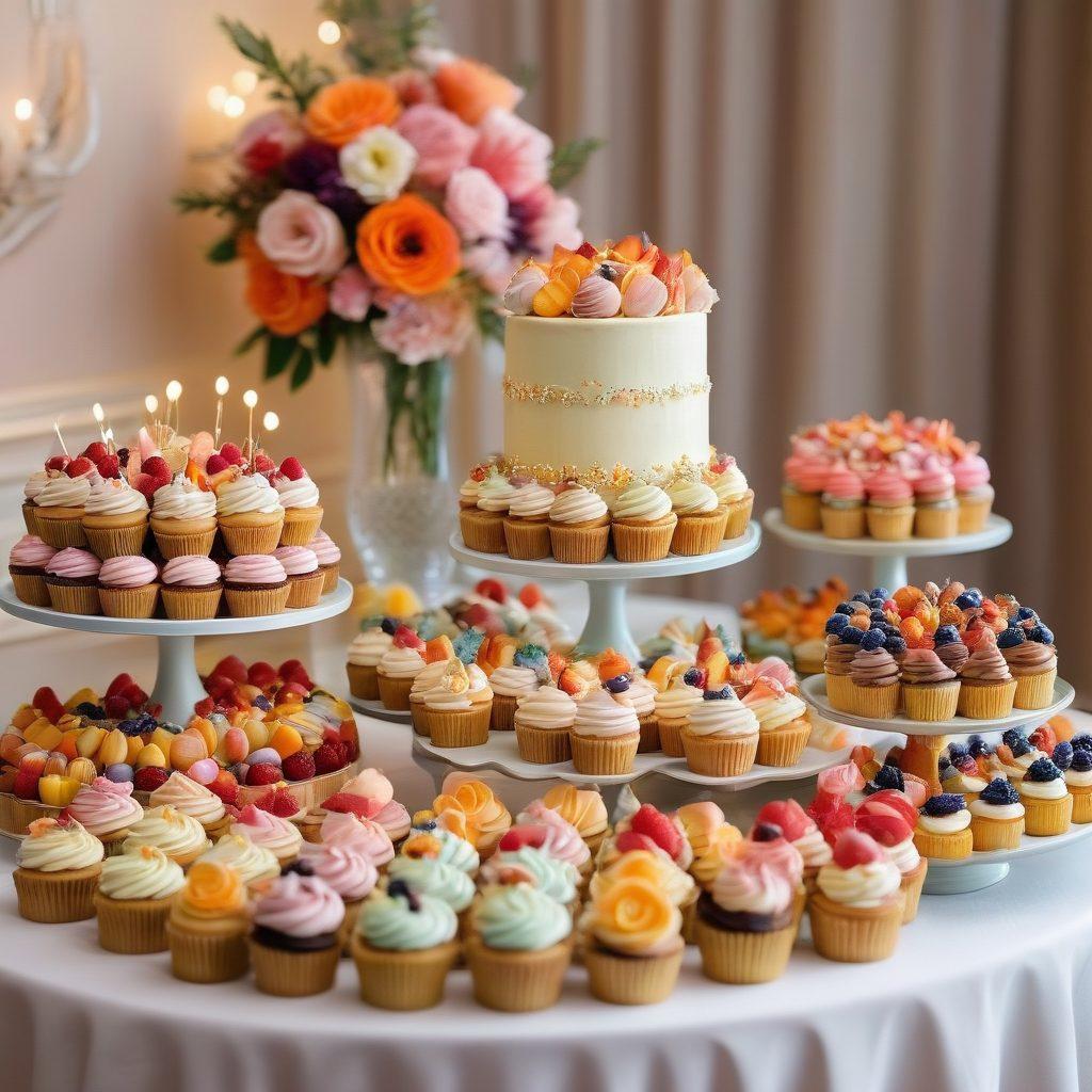 A beautifully arranged dessert table featuring an assortment of custom-designed cakes and pastries, adorned with intricate decorations and vibrant colors. The scene includes delicate cupcakes, elegant macarons, and an extravagant tiered cake topped with fresh fruit and edible flowers. Soft lighting enhances the luxurious ambiance, inviting readers to indulge in the world of celebration desserts. super-realistic. vibrant colors. warm lighting.