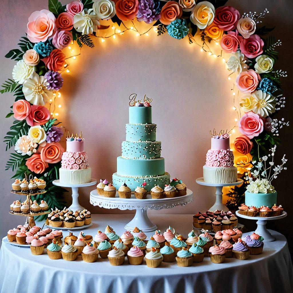 An extravagant dessert table overflowing with colorful butt cakes, artfully decorated cupcakes, and enticing pastries. The setting should be elegantly styled, featuring delicate floral arrangements and twinkling fairy lights to add a magical ambiance. Include various height levels for the desserts on tiered stands, with a backdrop of soft pastel colors to enhance the sweetness of the display. The entire scene captures a festive celebration, inviting viewers to indulge in the delicious variety. vibrant colors. super-realistic. 3D.